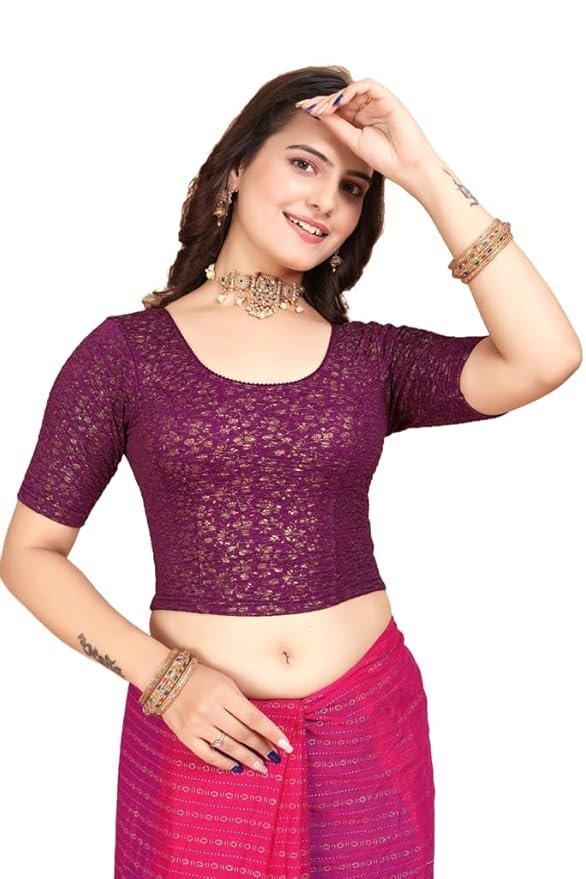 61jmc-TQCNL._SY879_ Round Neck Jacquard Elbow Sleeve Readymade Saree Blouse for Women Stylish - Image 1