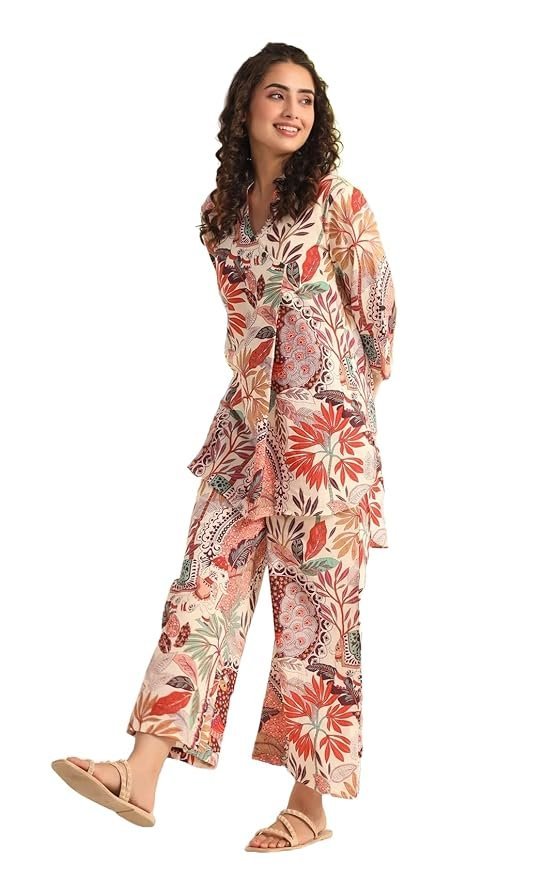 71AXZeNSy8L._SY879_ Women Kurta Set For Women|Co-Ords Set|Kurta Pant Set|Coordinate Set|Summer Suit|Printed Short Kurti With Pant Set| - Image 1